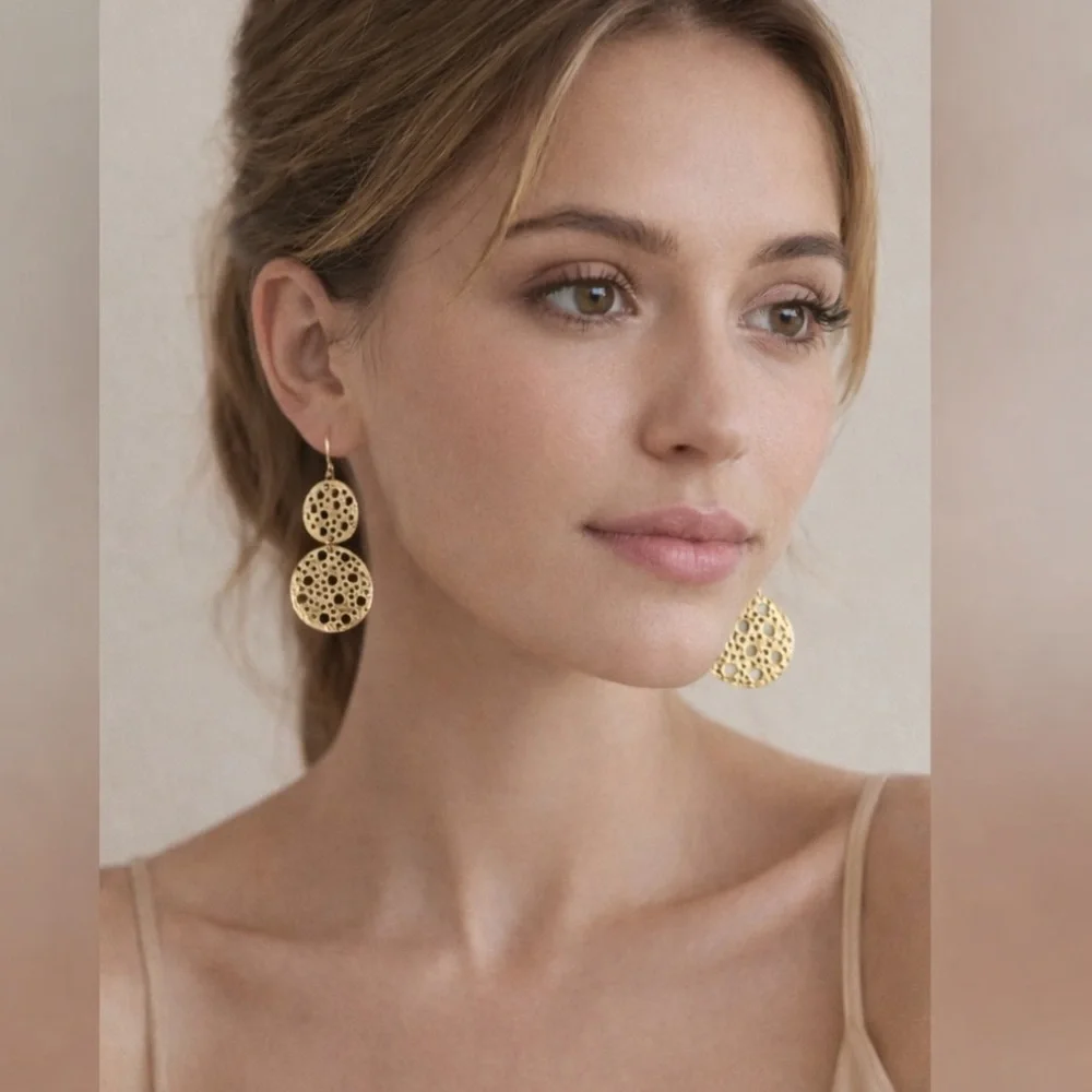 Gold Tone Openwork Disc Drop Earrings